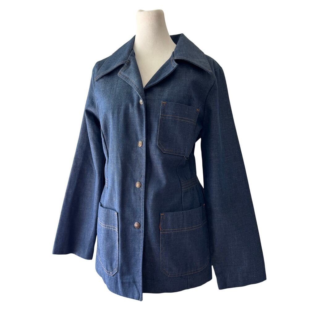 Vintage ‘70s Dark Wash Denim Snap Button Jacket w/ Large Lapels